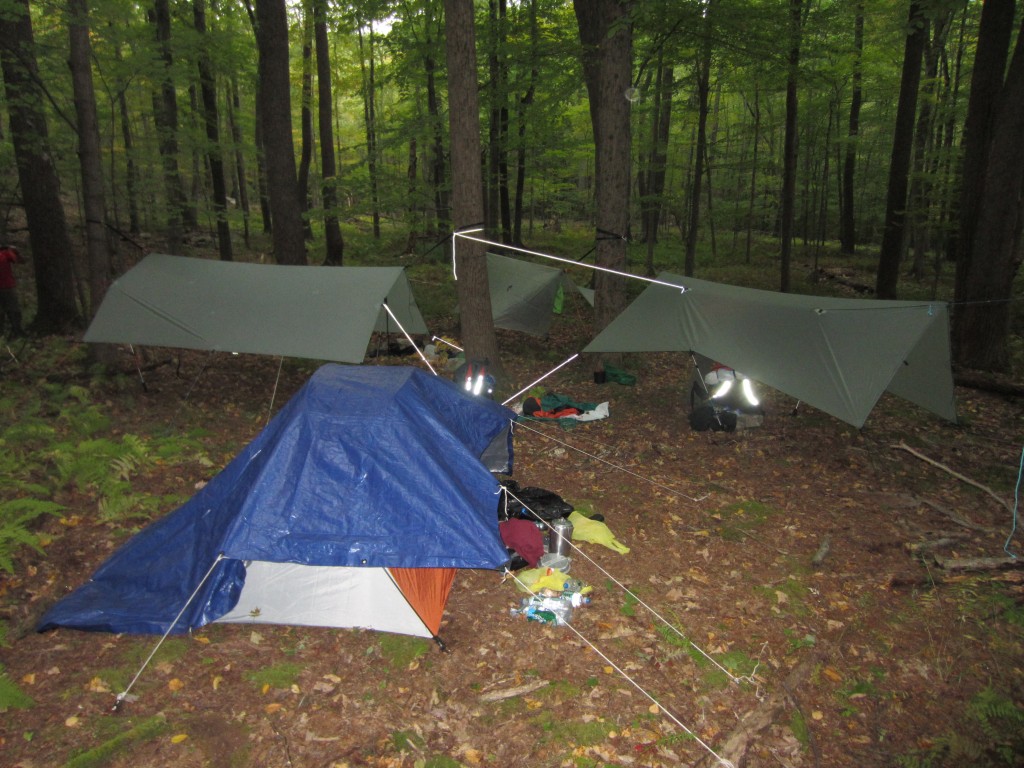 Three hammocks and a tent